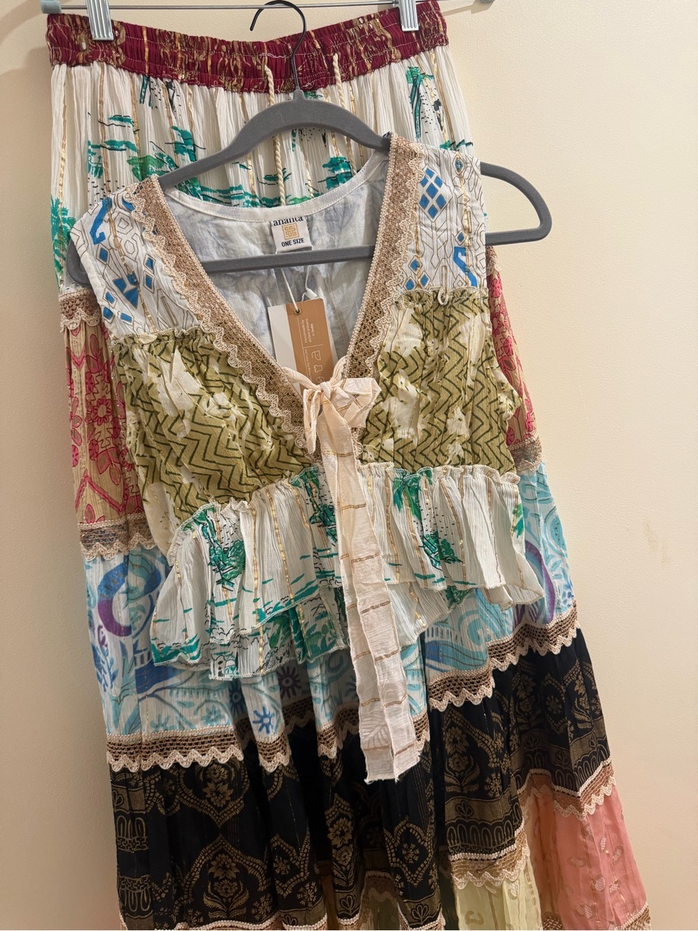 Boho Patchwork Tie-Front Tiered Tunic and maxi skirt  in Multicolor